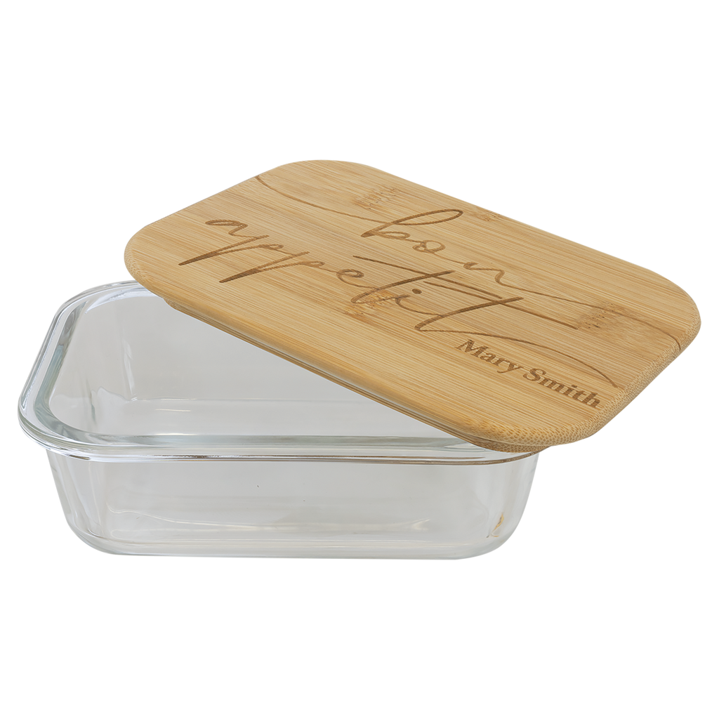 Personalized Rectangle Glass Container with Bamboo Lid - 21 oz