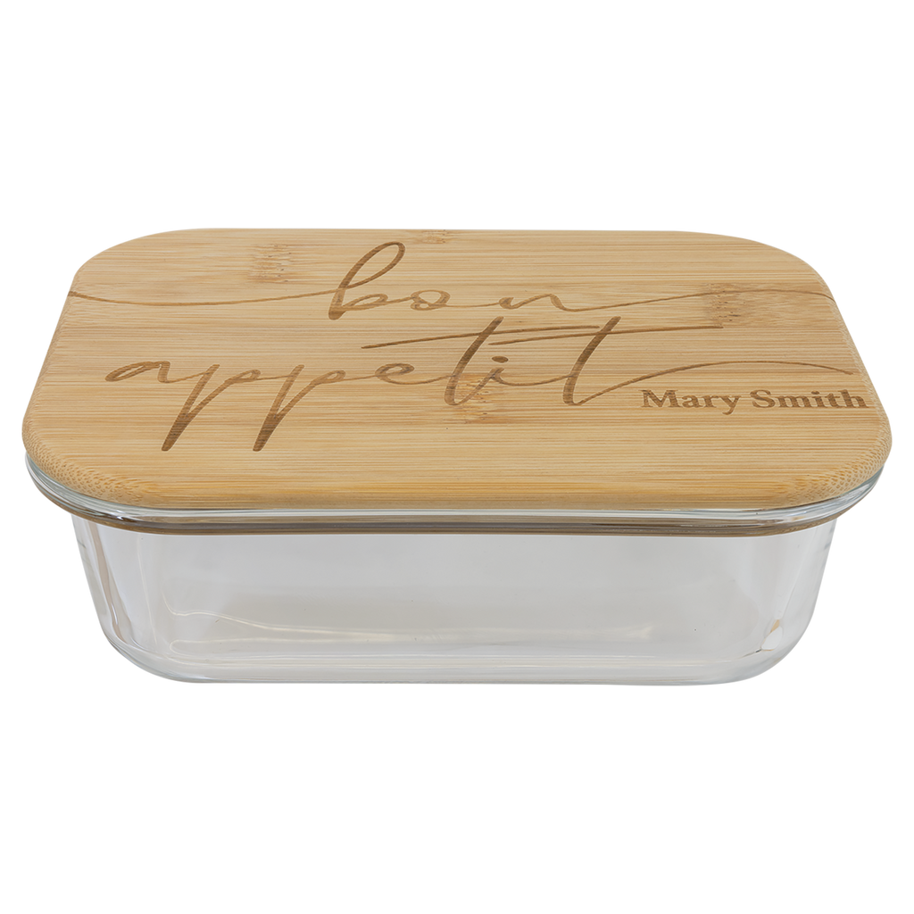 Personalized Rectangle Glass Container with Bamboo Lid - 21 oz